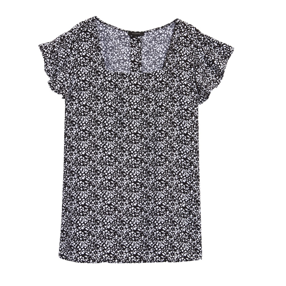 HALOGEN Square Neck Flutter Sleeve Top In Black- Ivory Leo Dot